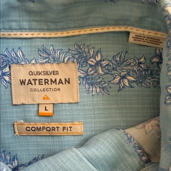 Quicksilver Waterman Blue Floral Short Sleeve Shirt Hawaiian Tropical Large - Picture 6 of 8